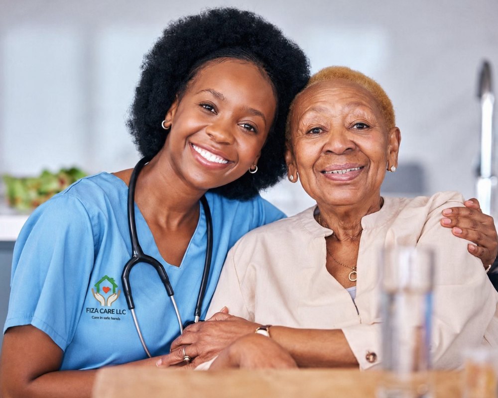 Caregiver and client at a kitchen table